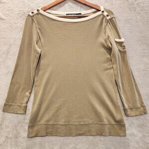 Lauren Ralph Lauren Olive Green 3/4 Sleeve Button Boatneck Knit Top Size Medium